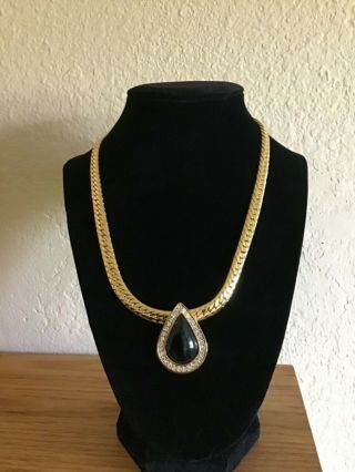 Vintage Monet Large Black Teardrop Polished Gold Tone Crystals Necklace 18”