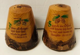 Vintage Salt And Pepper Shakers Wood Tree Bark Pine Cone Evergreen Bible Quotes