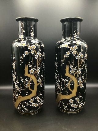 Antique Japanese Porcelain Black Ground Decorated Vases