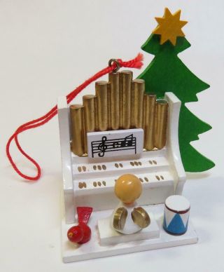 Vintage Ulbricht Wood Christmas Tree Ornament - Angel Playing Organ - W.  Germany