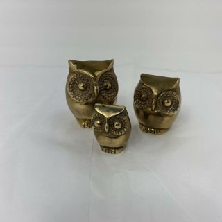 Vintage Set Of 3 Solid Brass Owls - Owl Family 3 Sizes Andrea By Sadek - Korea