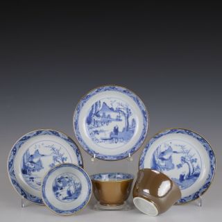Set Of 3 Chinese Blue&white Batavian Ware Cups & Saucers,  Yongzheng,  18th Ct.