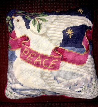 Vintage Christmas Needle Point Pillow Dove Peace 9” Sq Red Velvet Zip Close
