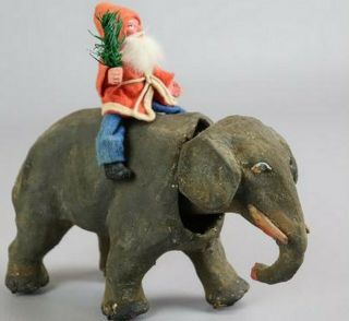 Antique Santa On Elephant Nodder Pull Toy With Wheels & Nodding Head