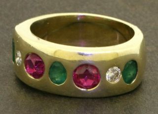 Antique Heavy 14k Gold 2.  10ctw Vs/f Diamond Ruby Emerald Band Ring Size 8.  25