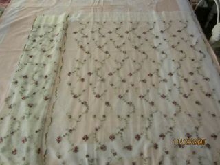 Vtg 2 Ivory Net Lace Curtain Panels Embroidered Pink & Burgundy Roses