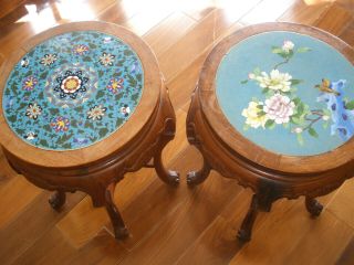 Pair Antique Chinese Rosewood Blue Cloisonne Enamel Side Tables,  Pedestals,  Stands