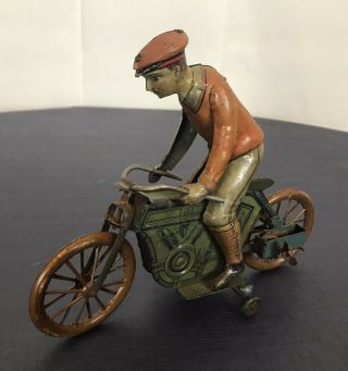 Antique Marx ? Wind Up Tin Litho Motorcycle Bicycle Man Hat Not German?