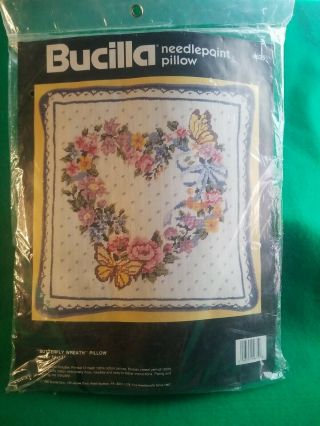 Vintage Bucilla Needlepoint Butterfly Wreath Pillow 1990 14 " X 14 " 4635.  Bin M