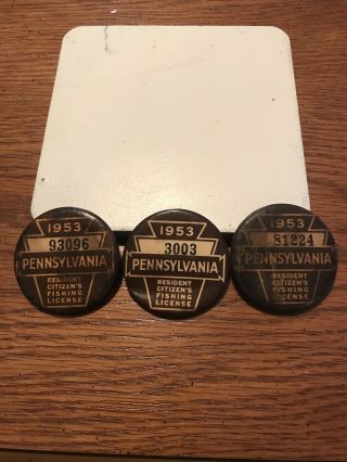 3 Vintage 1953 Pennsylvania Pa Resident Fishing License Pin Back Button