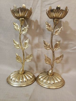 Vintage Set Of 2 9.  5 " Floral Hollywood Regency Brass Metal Candle Holders