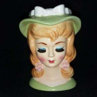 Lefton Head Vase Lady Green Hat Bow Hand Painted Curled Lashes 3130 Ginger Vtg