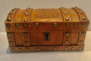 Antique Leather Tobacco Box With Velvet Lining From Chile With Coat Of Arms