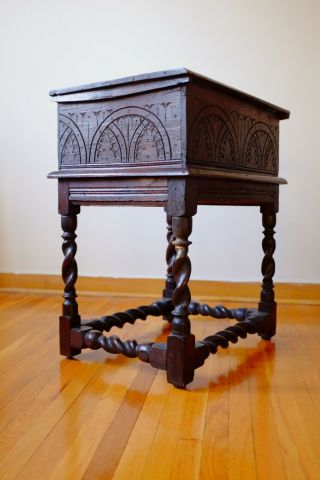 17th Century Antique Jacobean Carved Oak Bible Box Coffer Barley Twist Legs