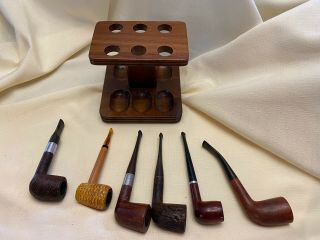 Six Estate Tobacco Smoking Pipes With Wooden Stand Below