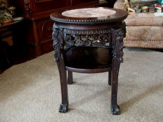 Ornate Oriental Chinese Carved Wood Marble Top Side Table Plant Stand Antique