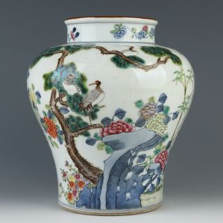 Antique Chinese Color Famille Verte Pine And Crane Pattern Porcelain Vase