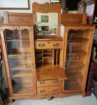 Vintage Antique Oak Double Side By Side Larkin Secretary Bookcase Desk