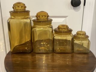 4 Le Smith Vtg Square Amber Glass Canisters Ground Glass Lids Retro Mcm (60 