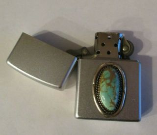 Zippo Cigarette Lighter With Sterling Silver Blue Green Turquoise Southwest