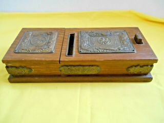 Vintage Brass Ornate - Cigarette Dispenser / Ashtray Wooden Box Oriental Dragon