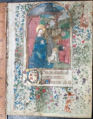Flawed Illuminated Medieval Boh Leaf With Nativity Miniature Ca.  1470