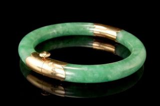 Vintage Chinese Apple Green Jadeite Jade 14k Gold Bangle Bracelet D123 - 1a