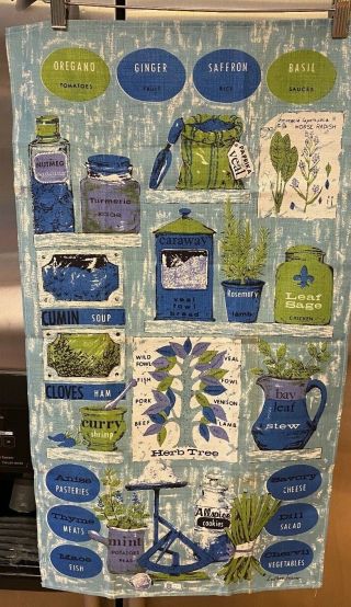 Vintage Linen Luther Travis Tea Towel W/tag - Herb Tree W/ Meats & Spices - Blues