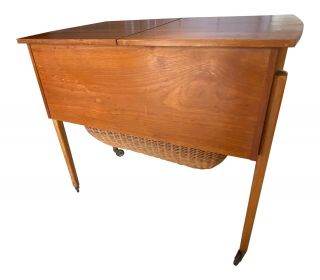 Mid Century Danish Modern Sewing Table Side End Teak Wicker Basket 4