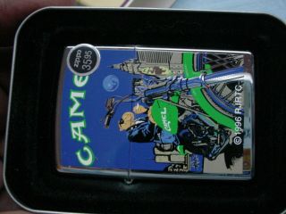 vintage Zippo lighter unfired in tin Camel Joe Cool moon n motorcycle 2