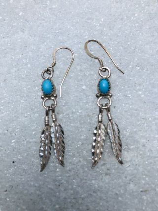Vtg Native American Navajo Handmade Sterling Silver Turquoise Feather Earrings