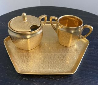Vintage R.  S.  Germany Porcelain Octagon Tray Gold With Creamer & Sugar 6 Inch