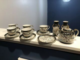 Vintage Hand Painted Japanese Dragon Demitasse Cups & Saucer Set,  Sugar Bowl