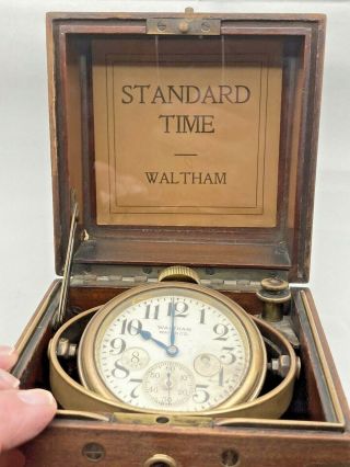 Waltham 8 Day Marine Deck Clock With Winding Indicator In Walnut Box
