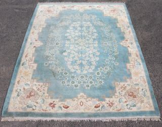 Large Chinese Carpet Rug 359 X 274 Cm Wool Pile Vintage Handmade Blue Beige