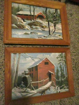 Pair Framed Vintage Paint By Number Winter Covered Bridge Miil River
