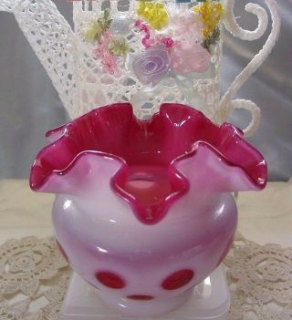 Fenton Glass " Mint&prf " Vintage 40s " Cranberry Opalescent " Coin Dot " 4 " Rose Bowl/vase