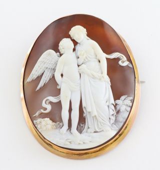 Large Antique Victorian 9ct Gold Carved Shell Cameo Brooch Of Angel And Nymph