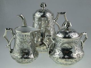 Antique 19th Century Solid Silver Porcelain Teapot Set 1892