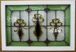 Victorian English Leaded Stained Glass Window Hand Painted Bows 26.  75 " X 18.  5 "
