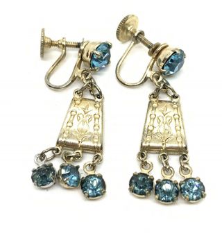 Vintage Signed Barclay Blue Glass Rhinestone Gold Tone 1 1/8” Earrings