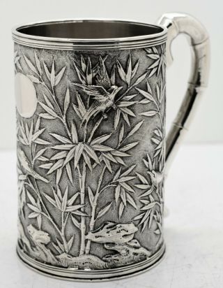 Fine Chinese Export Solid Silver Tankard/mug.  Birds & Bamboo.  Luenwo C1890