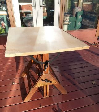 Vintage Antique HAMILTON Industrial Drafting Table Oak Maple Iron 3