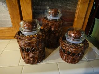 Set Of 3 Vtg.  Glass And Wicker Canisters