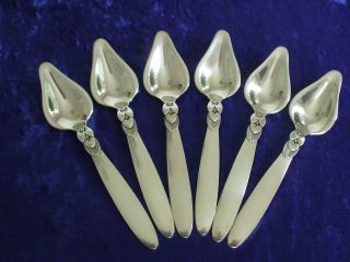 Six Georg Jensen Sterling Silver Cactus Pattern Grapefruit Spoons Fitted Case