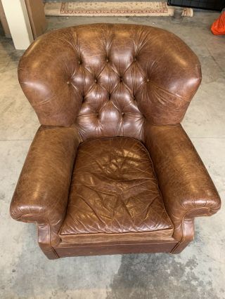 Restoration Hardware Distressed Brown Leather Chair And Ottoman