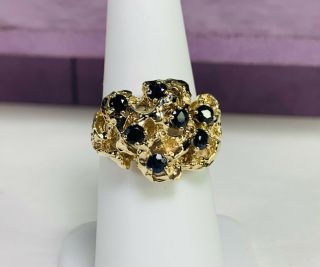 Vintage 14kt Yellow Gold & 7 Natural Round Sapphire Nugget Style Ring Sz 7 R