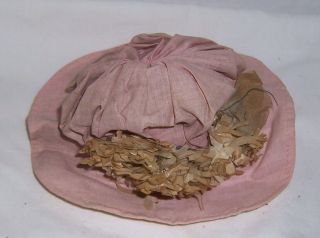 Vintage Pink Cloth Wide Brim Doll Hat With Straw Flower
