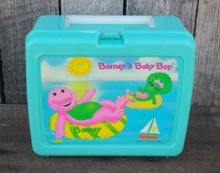 Vintage 1993 Barney & Baby Bop Purple Dinosaur Teal Plastic Lunch Box
