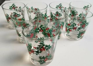 8 Vintage Mid Century Christmas Holly Leaf Drinking Glasses Low Ball